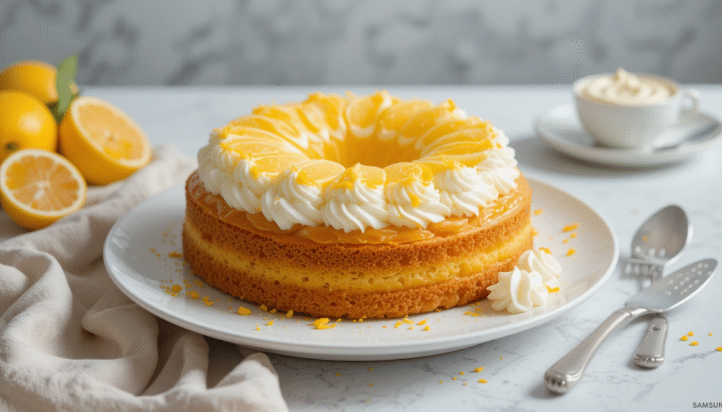 Gâteau au citron moelleux sur assiette blanche avec crème