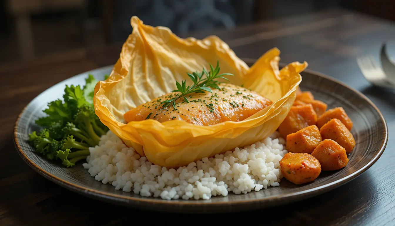 Papillote of fish with rice and vegetables