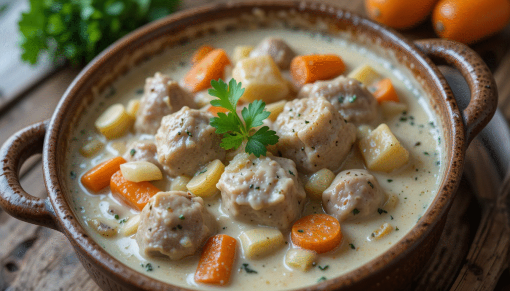 Blanquette de veau à l’ancienne avec sauce blanche crémeuse et légumes