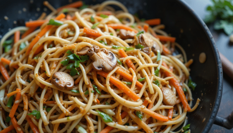 nouilles sautées chow mein dans un wok avec légumes croquants
