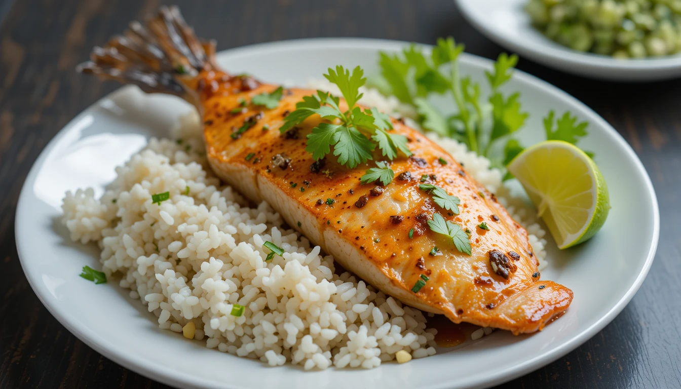 dressage d’un plat de poisson thaï recette avec riz et salade