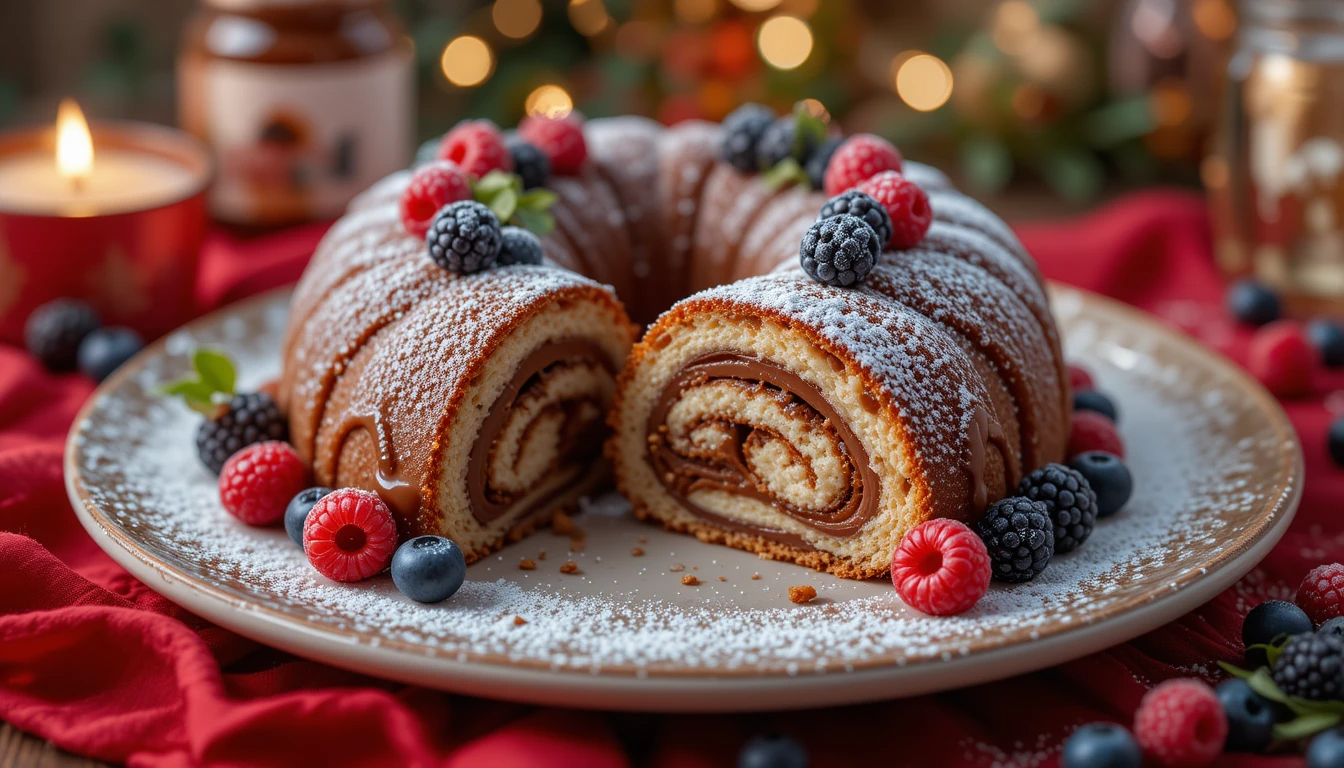 Decorated roulé au Nutella with fruits and sugar