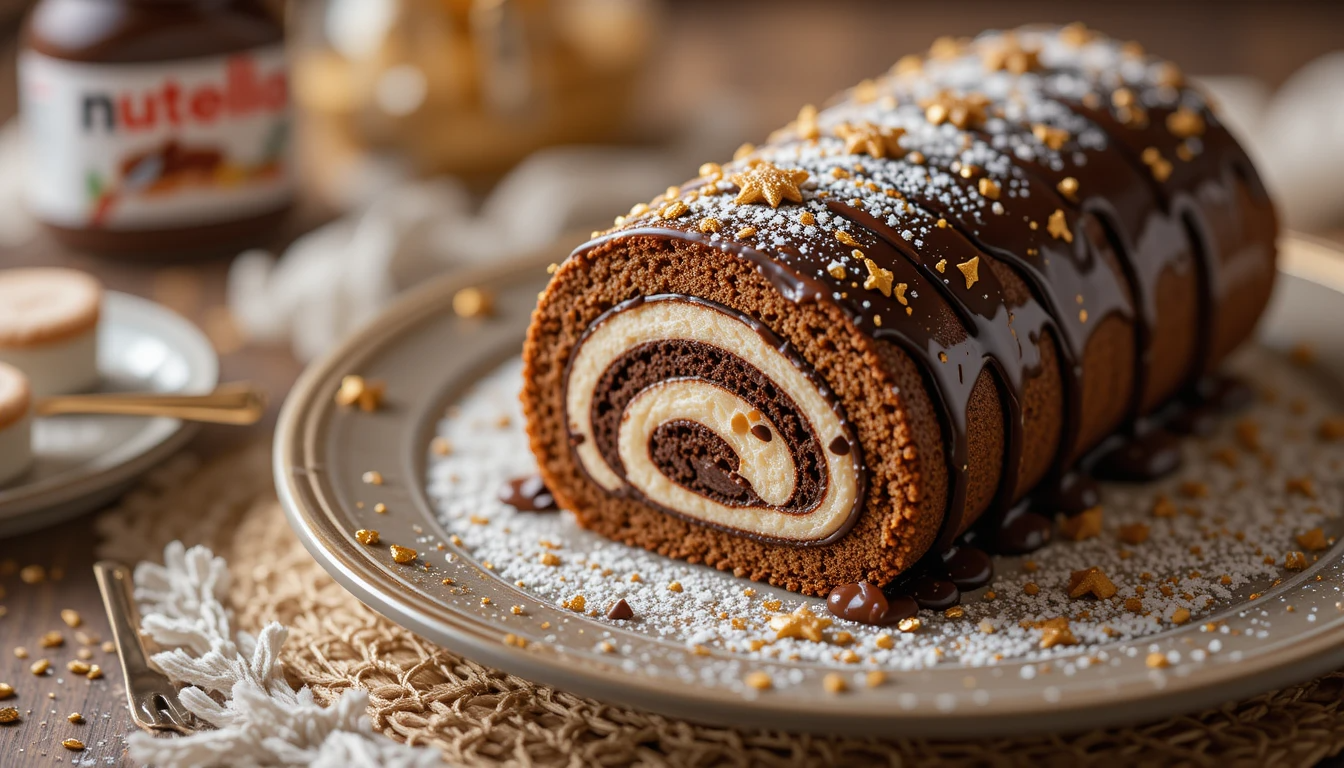 roulé au Nutella décoré glaçage chocolat